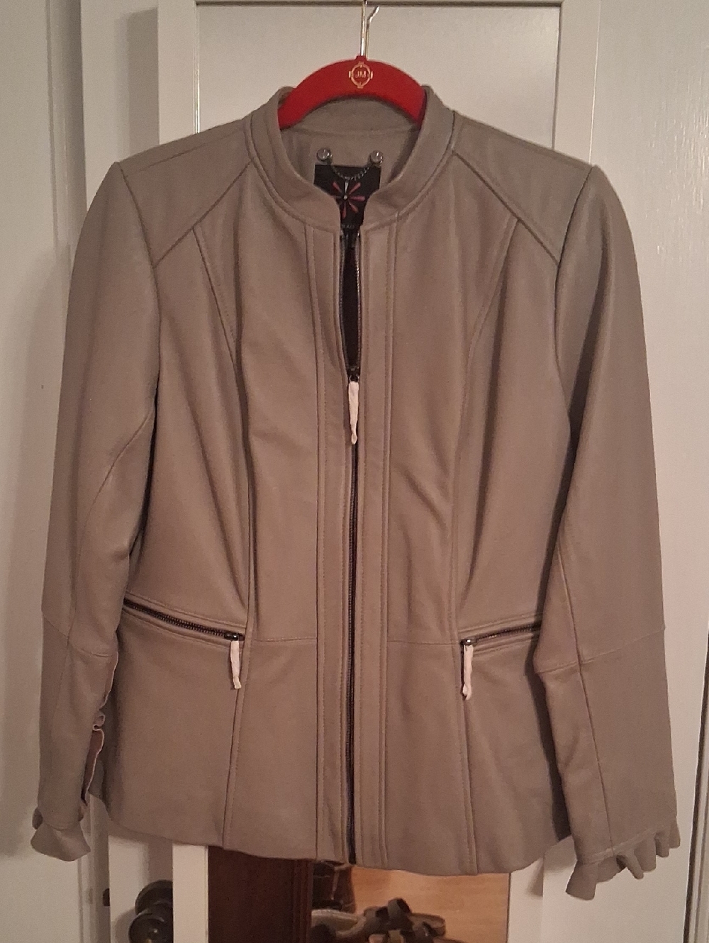 Isaac Mizrahi Taupe Slim-Fit Leather Jacket